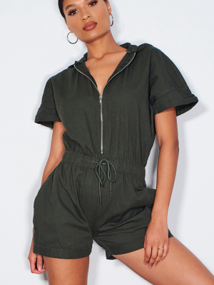 Khaki Hooded Zip Up Denim Romper