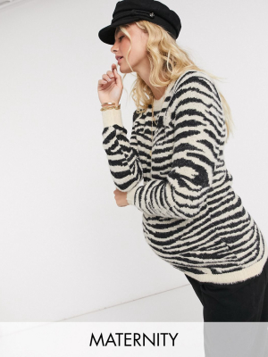 Mamalicious Maternity Soft Touch Sweater With Crew Neck In Zebra