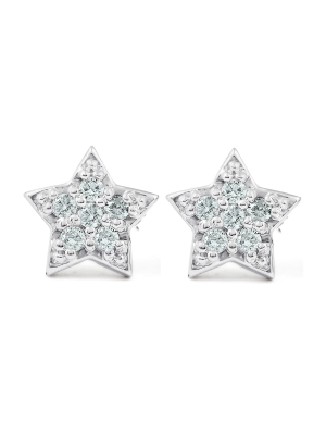 Pompeii3 14k White Gold Diamond Pave Petite Star Studs Dainty High Polished 6.5mm