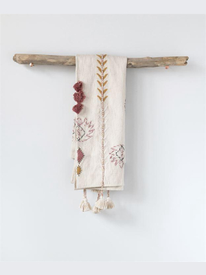 Cream Embroidered Throw With Tassles