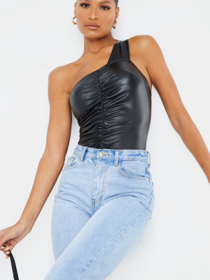 Black Wet Look One Shoulder Ruched Bodysuit