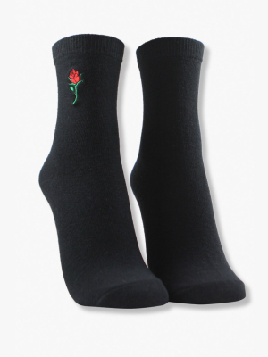 Embroidered Rose Crew Socks