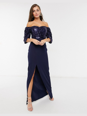 Virgos Lounge Off-shoulder Embellished Drape Maxi Dress With Thigh Slit In Navy