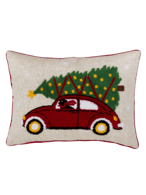 Red Car And Christmas Tree Design Poly Blend Oversize Lumbar Pillow Tan - Saro Lifestyle