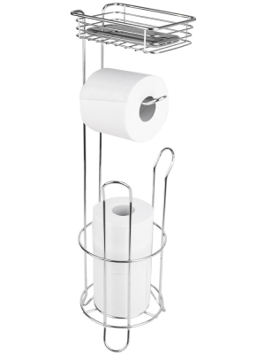 Home Basics Free Standing Dispensing Toilet Paper Holder With Built-in Accessory Tray, Silver