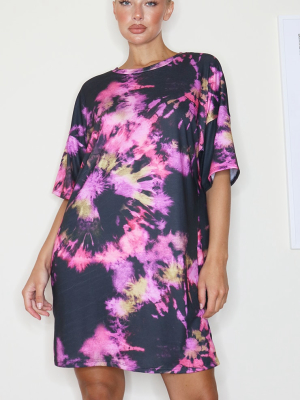 Black Tie Dye Splash Oversized T Shirt Dress