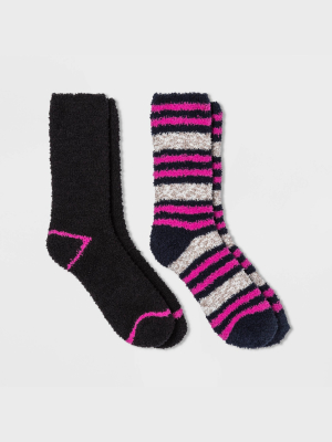 Women's Striped 2pk Cozy Crew Socks - Navy/gray 4-10