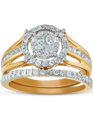 Pompeii3 1 Ct Halo Diamond Engagement Wedding Ring Set Multi Row Wedding Band Yellow Gold