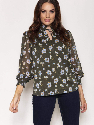 Tie Neck Floral Blouse In Green