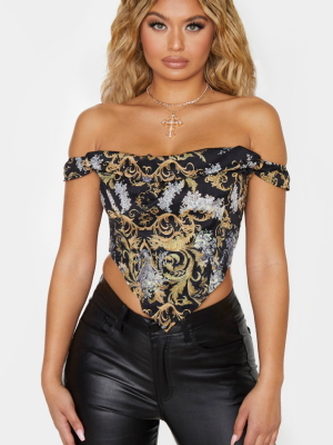 Black Baroque Print Woven Corset Bardot Top