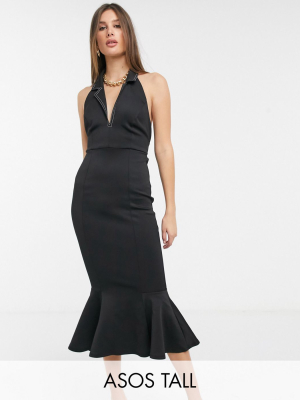 Asos Design Tall Exclusive Plunge Halter Belted Pep Hem Midi Dress With Contrast Top Stitch In Black