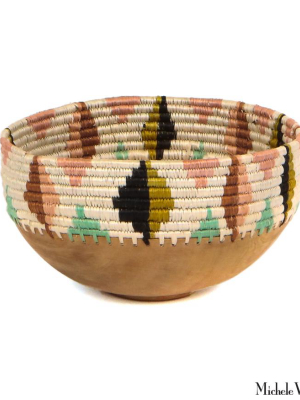 Medium Colorful Abstract Woven Sisal And Wooden Bowl