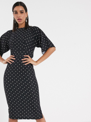 Closet London Kimono Sleeve Midi Dress In Polka Dot Print