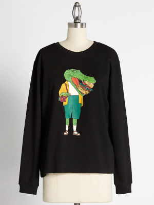 Cheeseburger Chomping Crocodile Graphic Sweatshirt