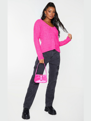 Hot Pink Slouchy V Neck Fluffy Chenille Sweater