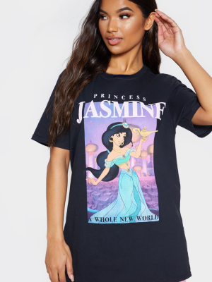 Black Disney Princess Jasmine Print Oversized T...