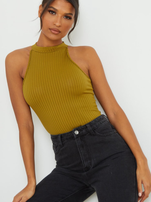 Olive High Neck Rib Sleeveless Bodysuit