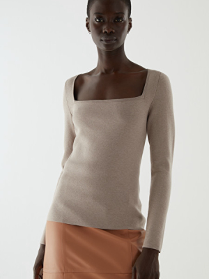 Organic Cotton-silk Mix Square Neck Long Sleeve Top