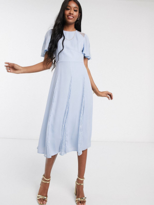 Asos Design Midi Dress With Lace Panels And Blouson Bodice In Sky Blue