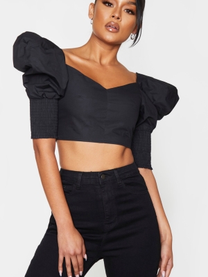 Black Woven Puff Shirred Sleeve Crop Top