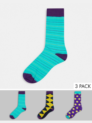 Hs By Happy Socks 3 Pack Socks In Purple Multi