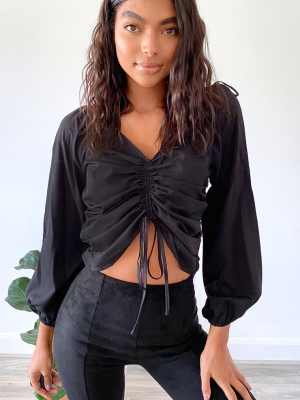 Black Oversized Sleeve Woven Ruched Blouse