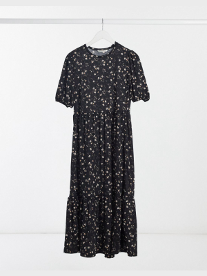 Stradivarius Long Dress With Frills In Black Floral