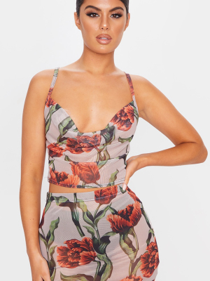 Multi Rose Print Mesh Cowl Neck Crop Top