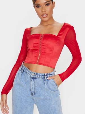 Red Satin Hook And Eye Sheer Sleeve Crop Top