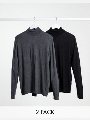 Asos Design 2 Pack Cotton Roll-neck Sweater In Black And Charcoal Save