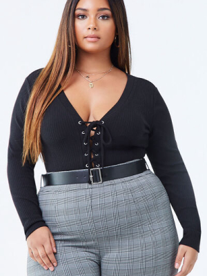 Plus Size Lace-up Ribbed Bodysuit