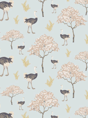 Savanna Ostrich Wallpaper In Brisk Blue From The Wallpaper Republic Collection By Milton & King