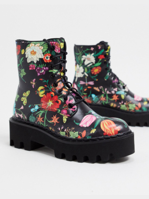 Lamoda Chunky Lace Up Boots In Dark Floral