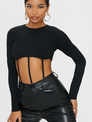 Black Crepe Cut Out Panel Long Sleeve Bodysuit