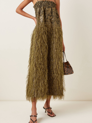 Feather-embellished Jacquard Midi Dress