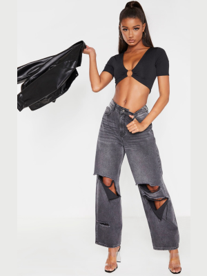 Black Slinky Ring Detail Crop Top