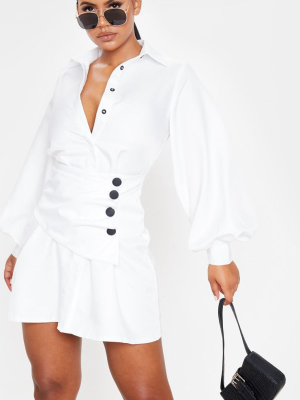 White Button Waist Detail Shirt Dress