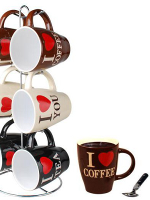 Home Basics I Love Coffee 6 Piece Mug Set With Stand