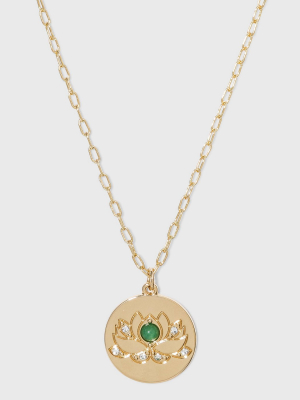 Lotus With Turquoise Bead Pendant Chain Necklace - Gold