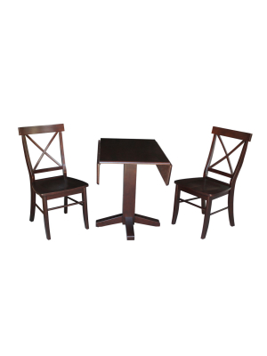 Set Of 3 36" Square Dual Drop Leaf Table With 2 Back Chairs Dark Brown - International Concepts