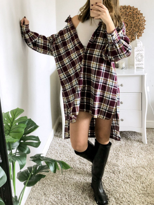 Asos Design Oversized Boyfriend Mini Shirt Dress In Purple Check