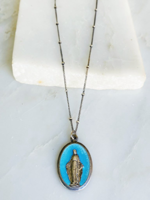 Vintage Blue Enamel Heart Virgin Mary