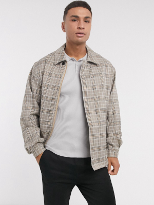 Asos Design Oversized Harrington Jacket With Storm Flap In Stone Check