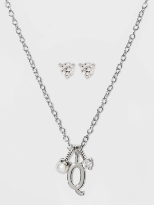 Silver Plated With Cubic Zirconia And Pearl Initial Charm Cluster Necklace And Earring Set - A New Day™