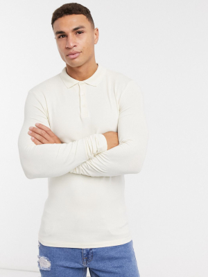 Asos Design Organic Long Sleeve Muscle Fit Jersey Polo In Beige