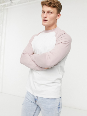 Asos Design Long Sleeve Raglan T-shirt In Off-white With Washed Pink Sleeves
