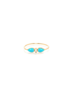 14k Teardrop Turquoise & Diamond Baguette Ring