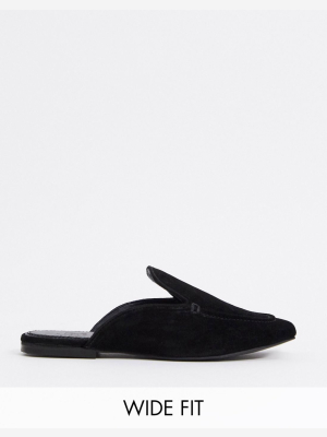 Asos Design Wide Fit Marigold Suede Flat Mules In Black