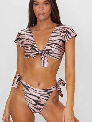 Nude Zebra Bow Front Tshirt Bikini Top