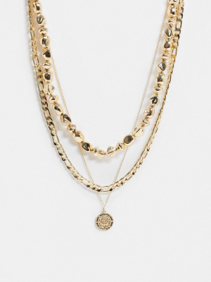 Asos Design Multirow Necklace With Dipped Pearls And Coin Pendant In Gold Tone